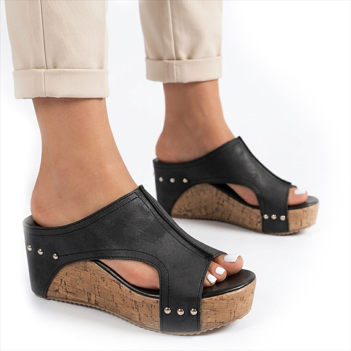Women's Cork-Effect Wedge Mule Shoes Halveyn