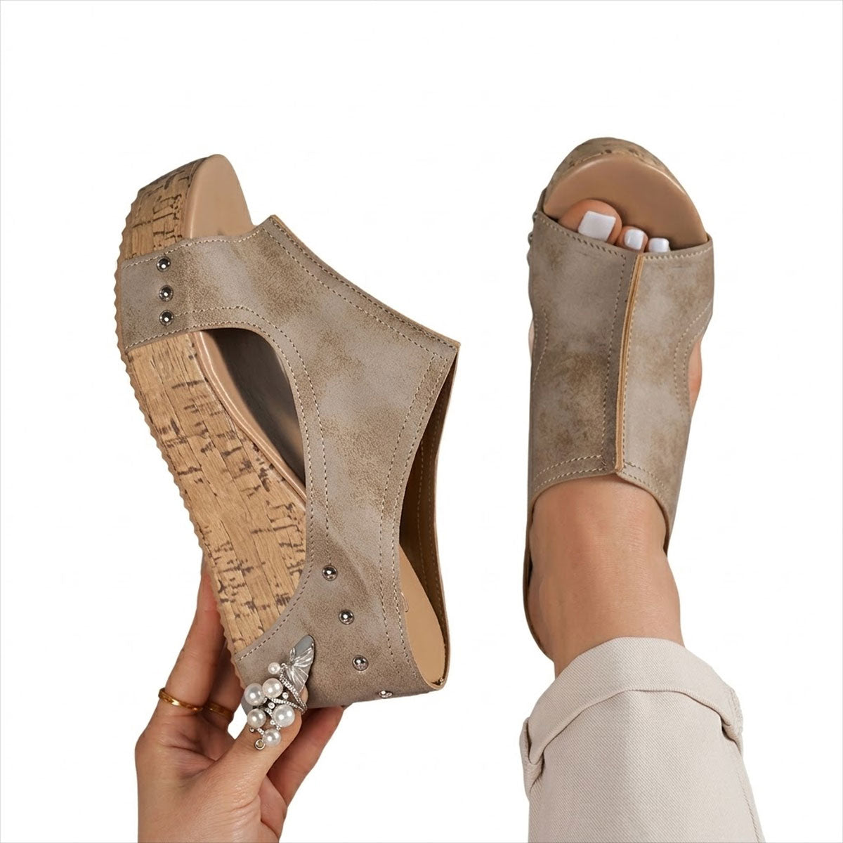 Women's Cork-Effect Wedge Mule Shoes Halveyn