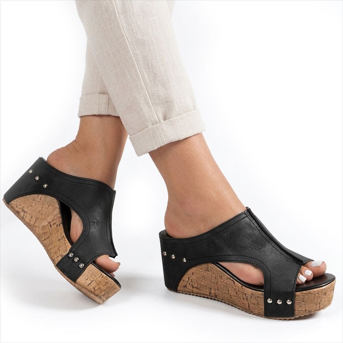 Women's Cork-Effect Wedge Mule Shoes Halveyn