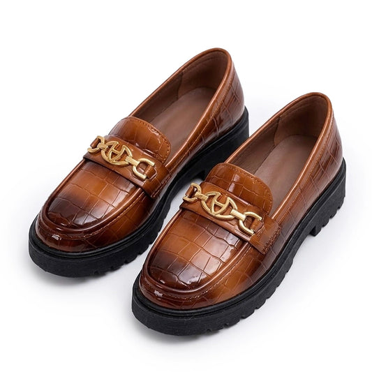 Women's Glossy Croc-Embossed Chunky Loafers Halveyn