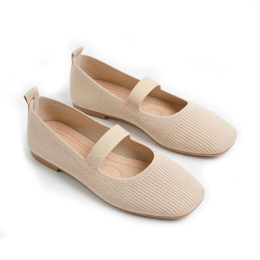 Women's Ribbed Knit Square-Toe Ballet Flats Halveyn