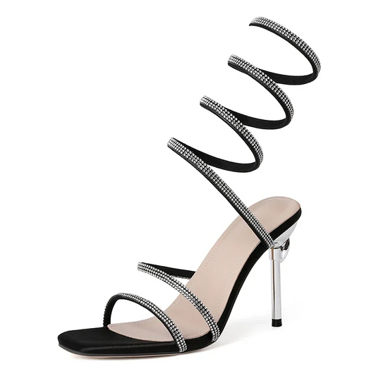Women's Satin Silver Crystal-Studded Spiral Heels Halveyn