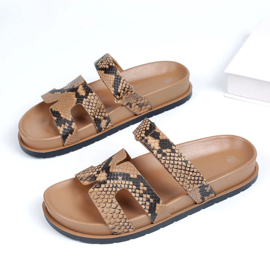 Women's Snake Print Flat Footbed Slide Sandals Halveyn