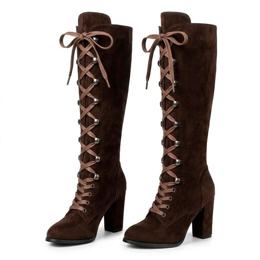 Women's Soft-Touch Suede Knee High Lace-Up Block Heel Boots Halveyn